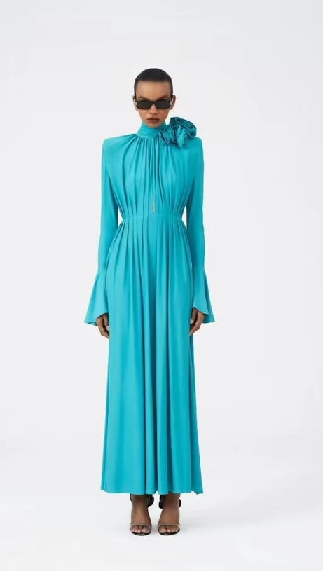 ERIN LANTERN SLEEVE HIGH COLLAR FLOWER SLIT MIDI DRESS IN BLUE
