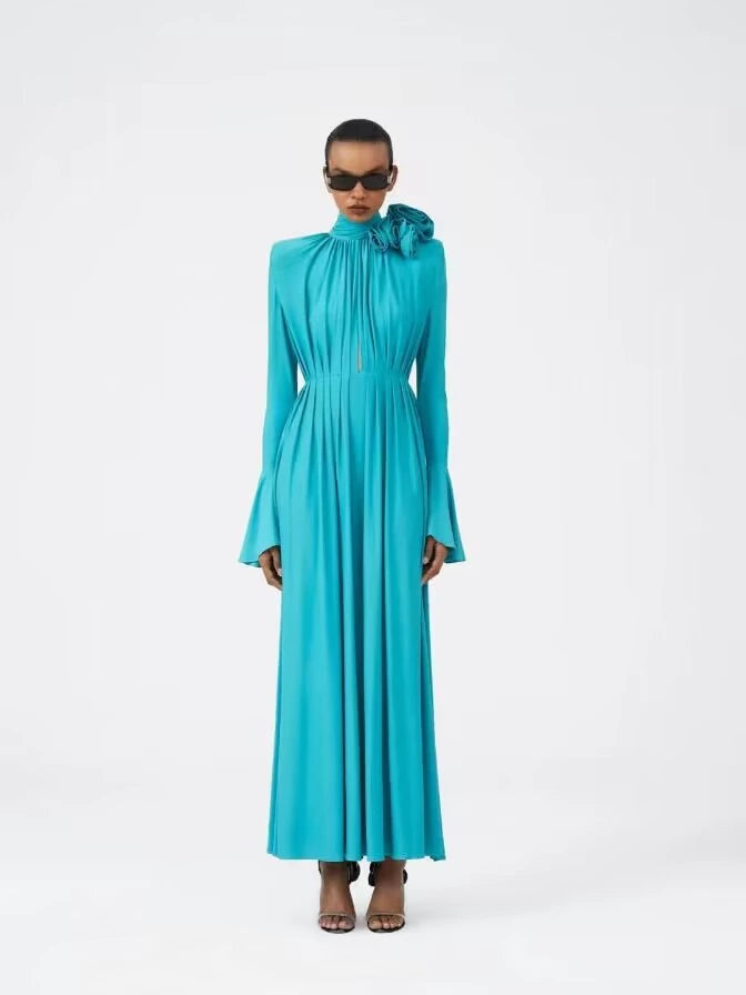 ERIN LANTERN SLEEVE HIGH COLLAR FLOWER SLIT MIDI DRESS IN BLUE