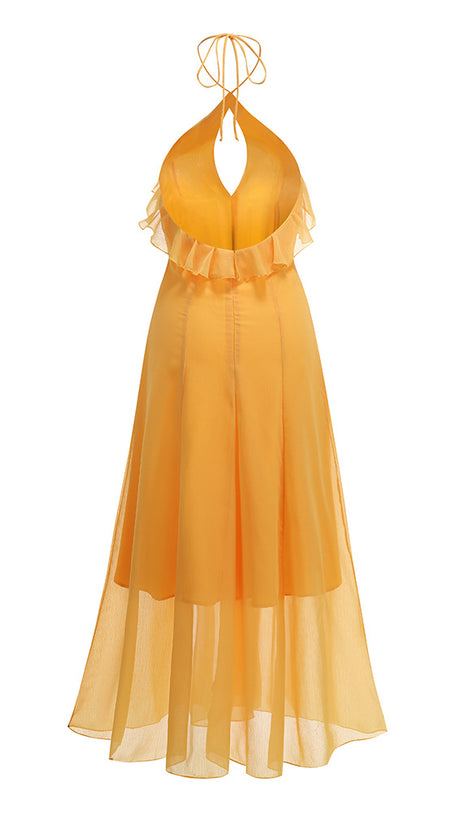 YELLOW HALTER NECK RUFFLED CHIFFON MAXI DRESS