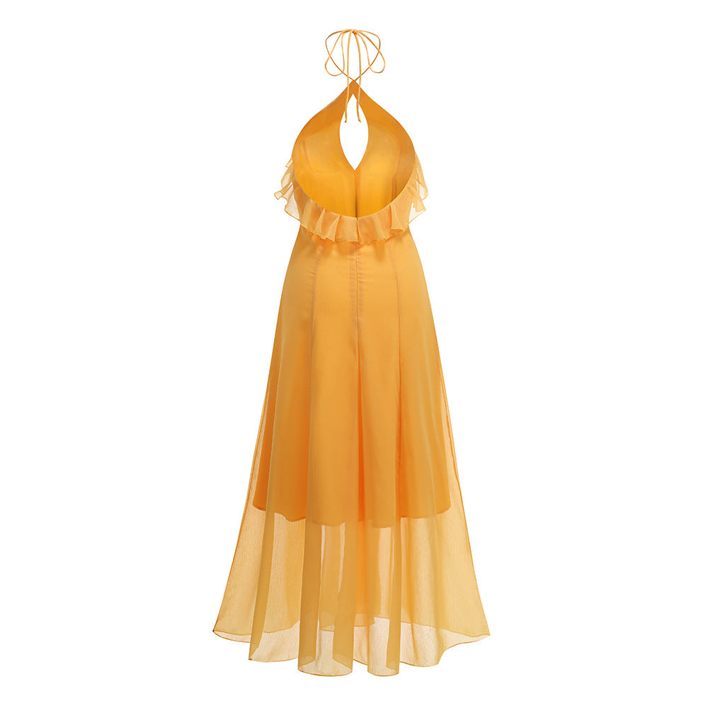 AIIZIE YELLOW HALTER NECK RUFFLED CHIFFON MAXI DRESS - product image
