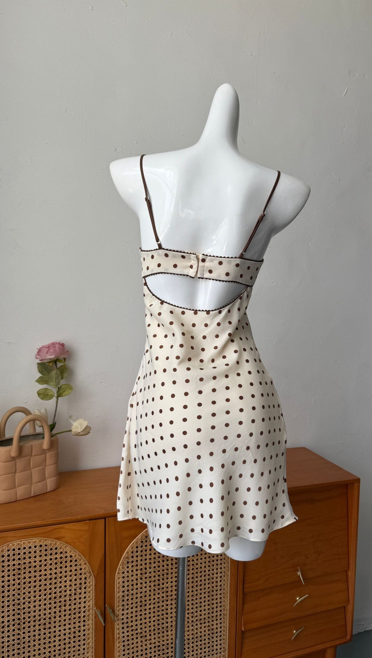 AIIZIE SATIN POLKA DOT MINI DRESS IN BEIGE - product image