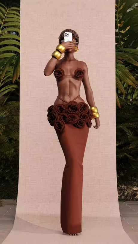 EVANGELINE 3D FLOWER CROP TOP SKIRT SET IN BROWN