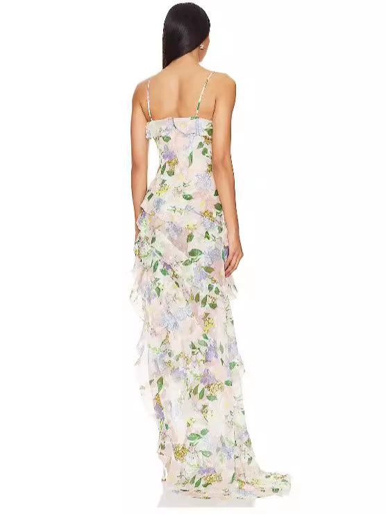 ASYMMETRICAL RUFFLE TRIM PRINT GOWN IN PINK