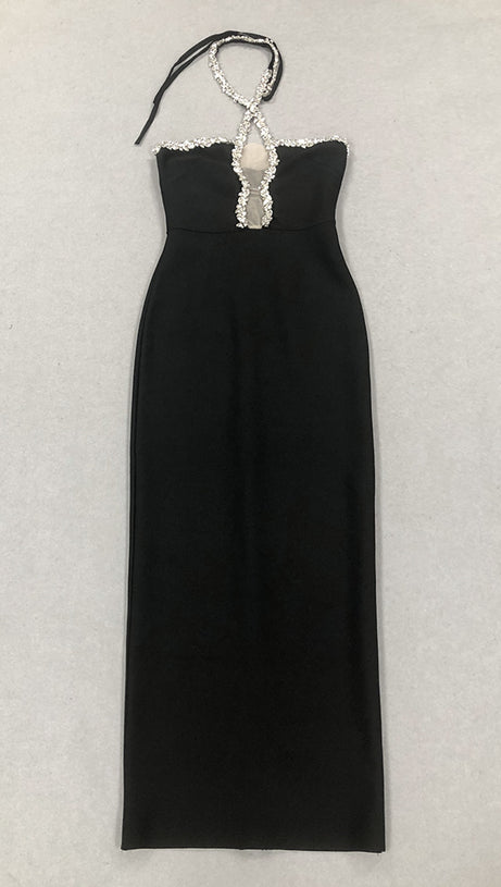DIAMOND-EMBELLISHED HALTERNECK FITTED BANDAGE MAXI DRESS BLACK