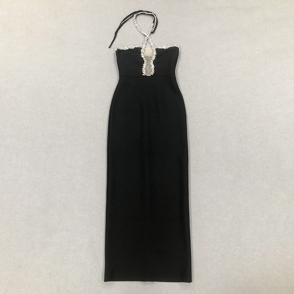 AIIZIE DIAMOND-EMBELLISHED HALTERNECK FITTED BANDAGE MAXI DRESS BLACK - product image