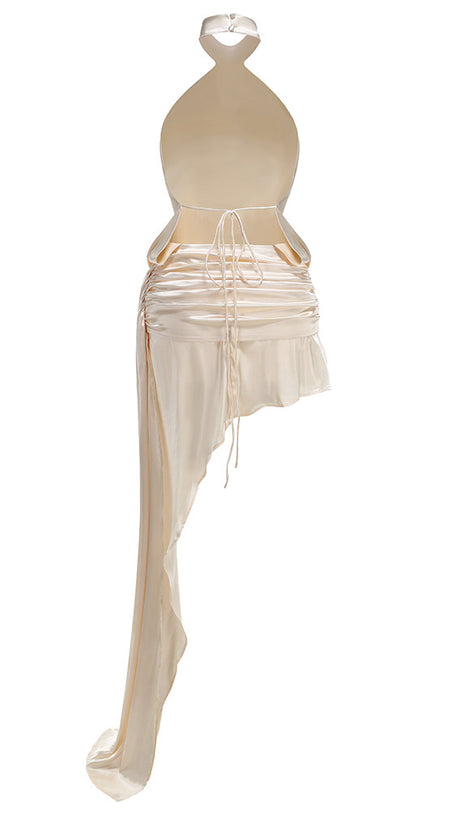 ABITO IN RASO ASIMMETRICO BEIGE CON SCOLLO ALL'AMERICANA