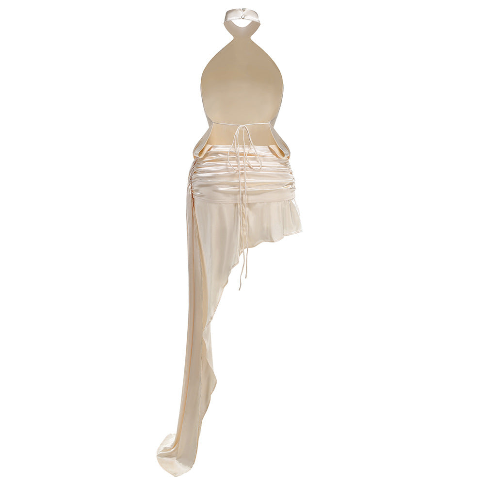 AIIZIE BEIGE HALTER NECK ASYMMETRIC SATIN DRESS - product image