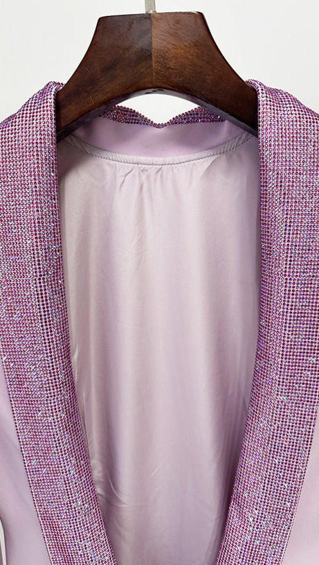 violet Pink crêpe maxi dress with crystal chainmail flower