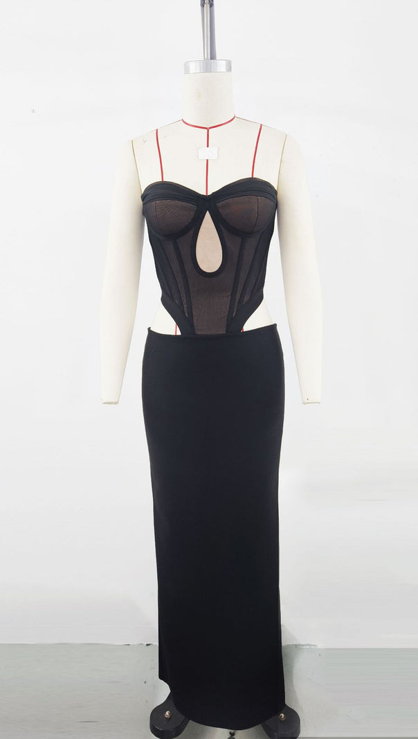 AIIZIE MESH SPLICING ELASTIC BANDAGE EVENING GOWN MAXI DRESS - product image