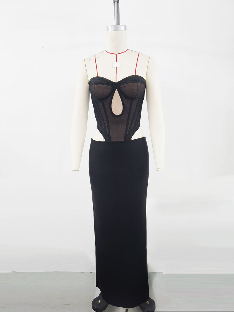 Mesh Splicing Elastic Bandage Evening Gown Maxi  Dress