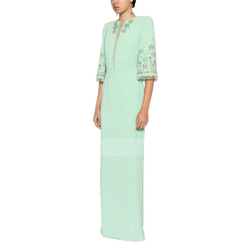 Mint Green Beaded Maxi Gown with Floral Sleeves