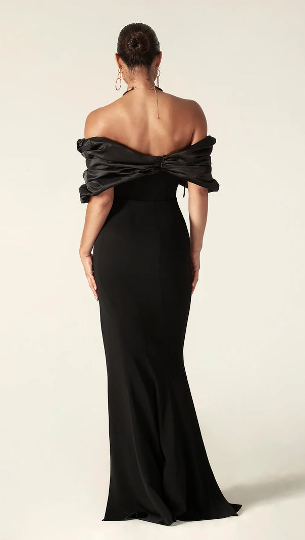 AIIZIE SOPHIA OFF SHOULDER RUCHED MAXI SLIT DRESS IN BLACK - product image