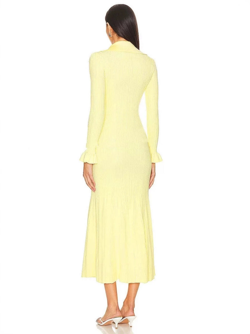 Rib-Knit Fluted Midi Shirt dress in yellow