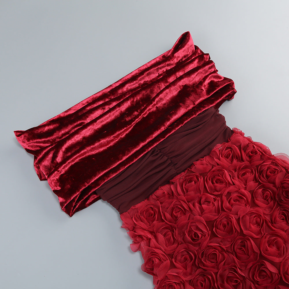 AIIZIE RED VELVET OFF - SHOULDER FLORAL APPLIQUE MIDI DRESS - product image