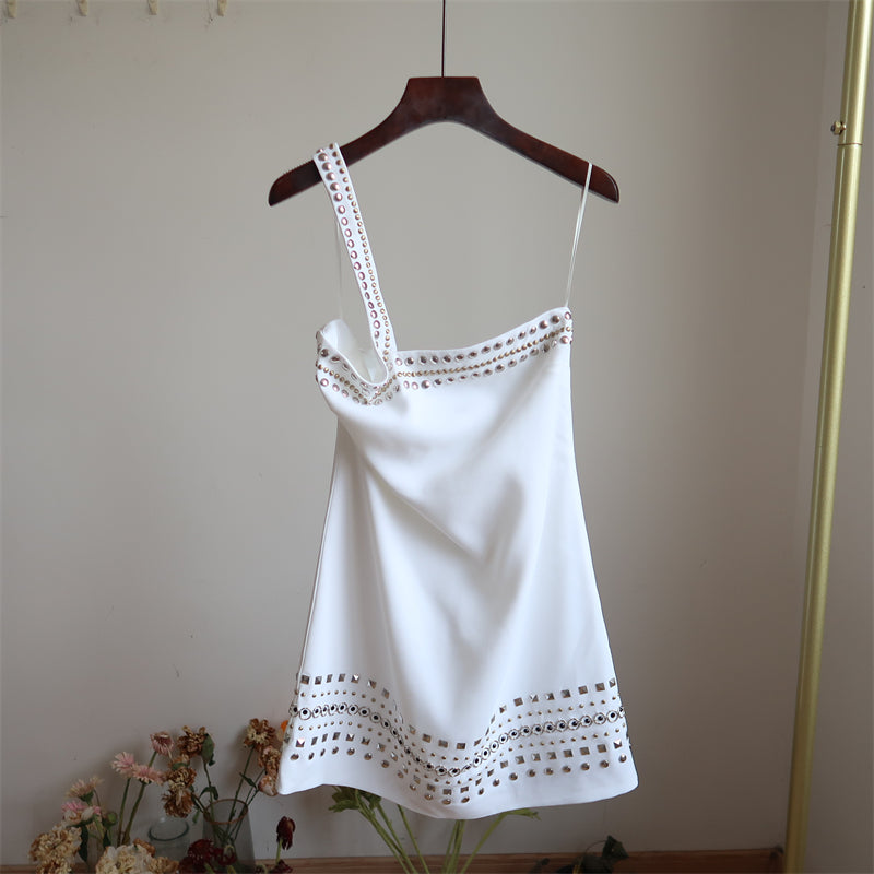 STUDDED EMBELLISHED MINI DRESS IN WHITE