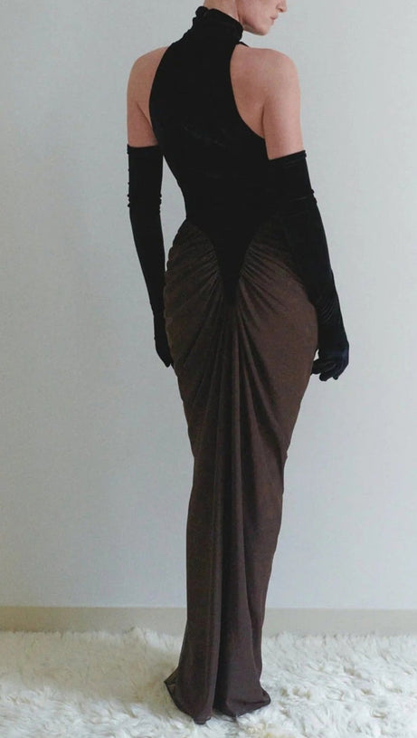 ABITO LUNGO IN PATCHWORK DI VELLUTO E RETE NERO