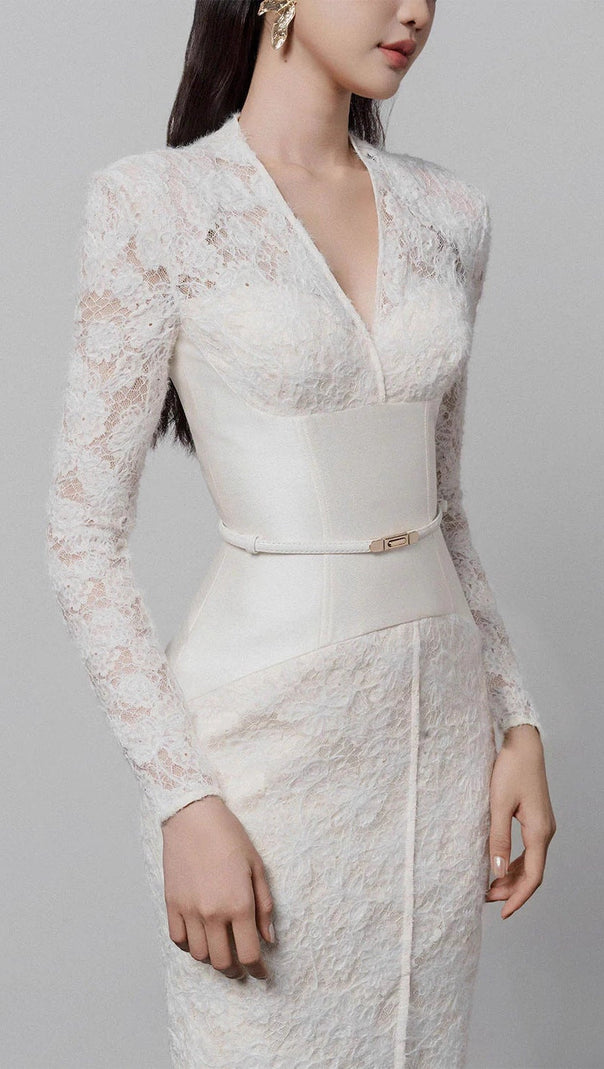 AIIZIE kimberley white v-neck lace patchwork midi dress - product image