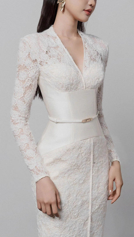 kimberley white v-neck lace patchwork midi dress
