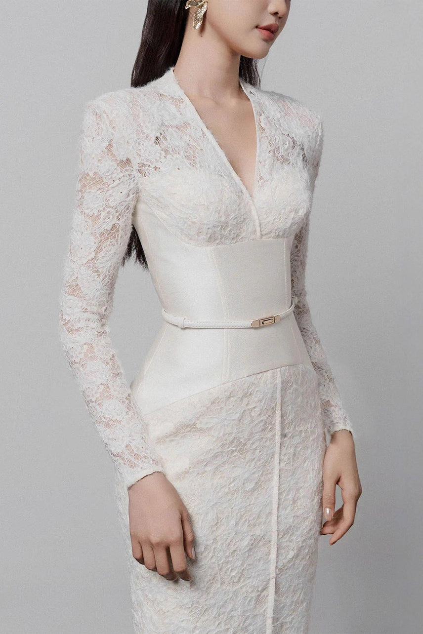 kimberley white v-neck lace patchwork midi dress