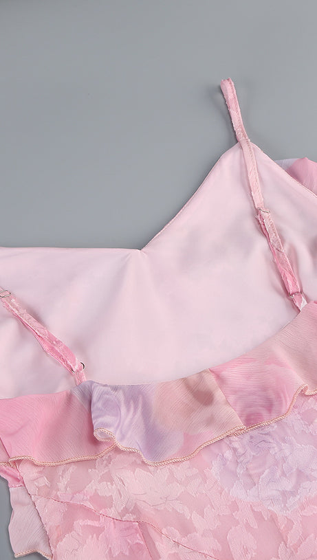 Gerüschtes, farbiges Camisole-Midikleid in Pink