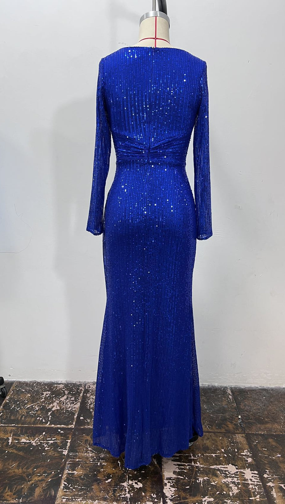 BLUE SEQUINNED LONG - SLEEVED V - NECK MAXI DRESS