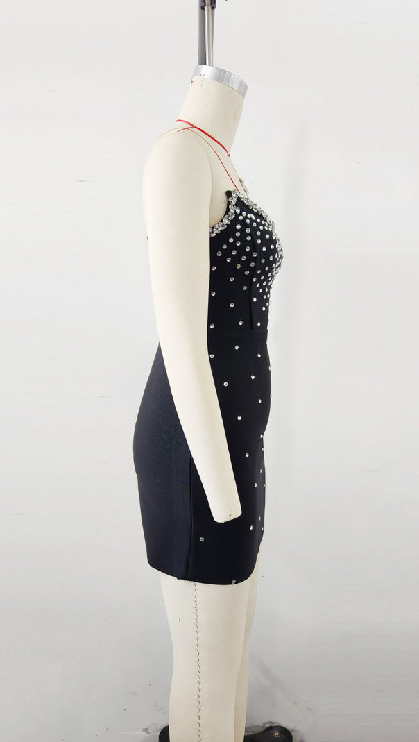 AIIZIE BANDAGE RHINESTONE MINI DRESS SHORT BLACK - product image