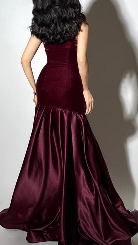 tiffany Irregular splicing strapless maxi dress  - burgundy