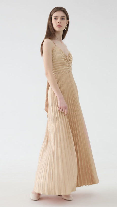 deborah pleated slip maxi dress in apricot