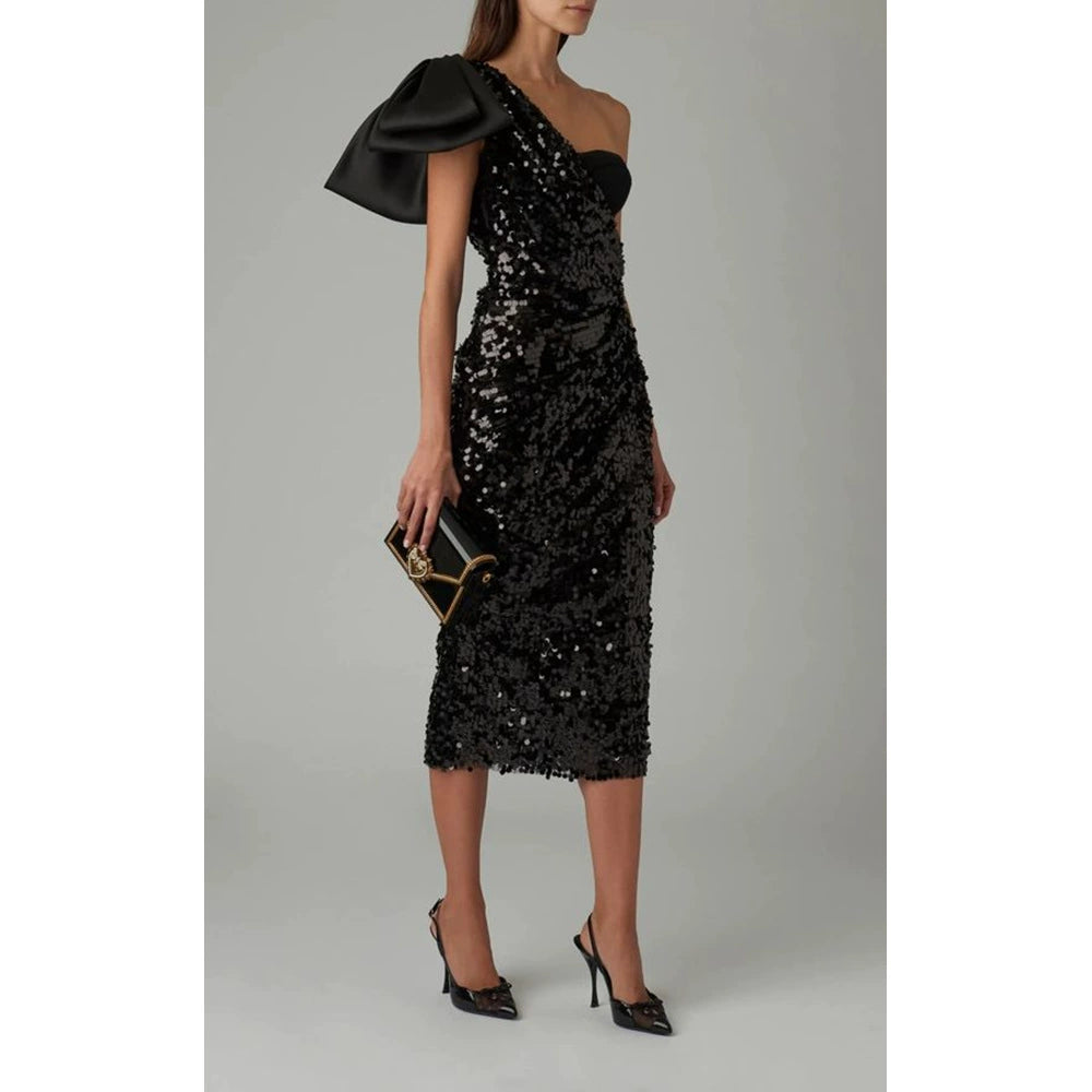 AIIZIE MARY BLACK SEQUINED LONGUETTE DRESS WITH BOW - product image