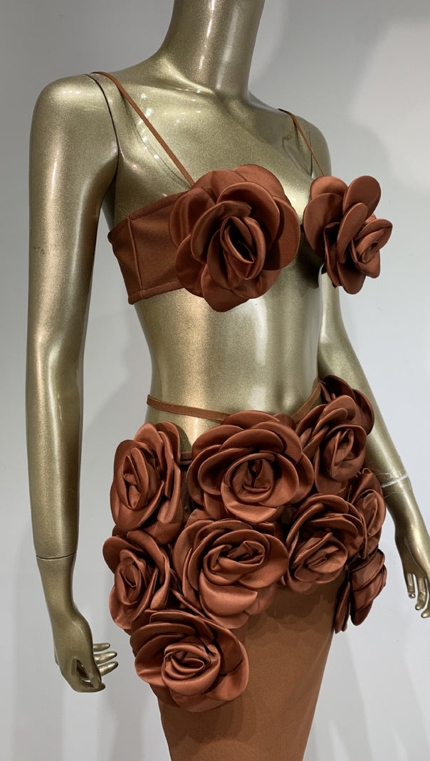 AIIZIE BROWN FLOWERED TOP AND LONG MIDI SKIRT SET - product image