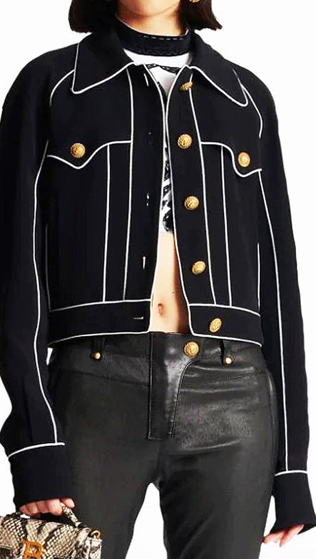 SEVEN-BUTTON BLACK PIPED-TRIM JACKET