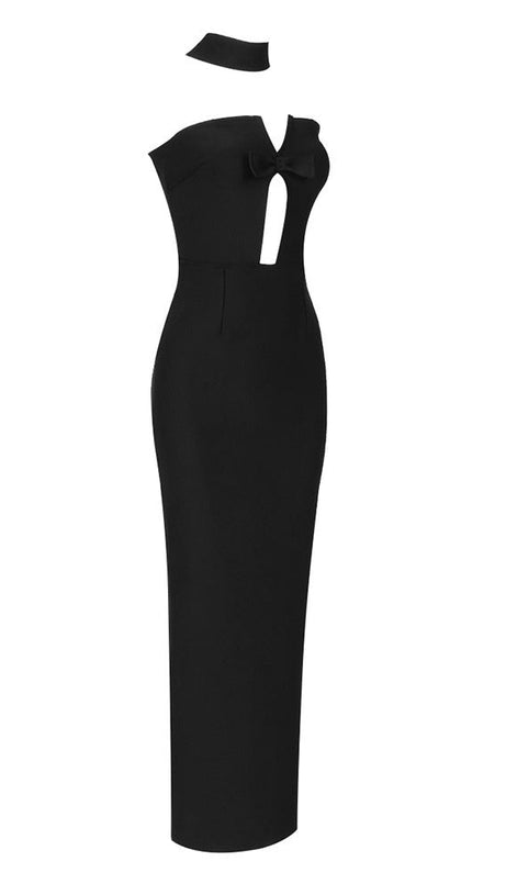 ABITO LUNGO CON FASCE E SCOLLO A V SENZA SPALLINE NERO 