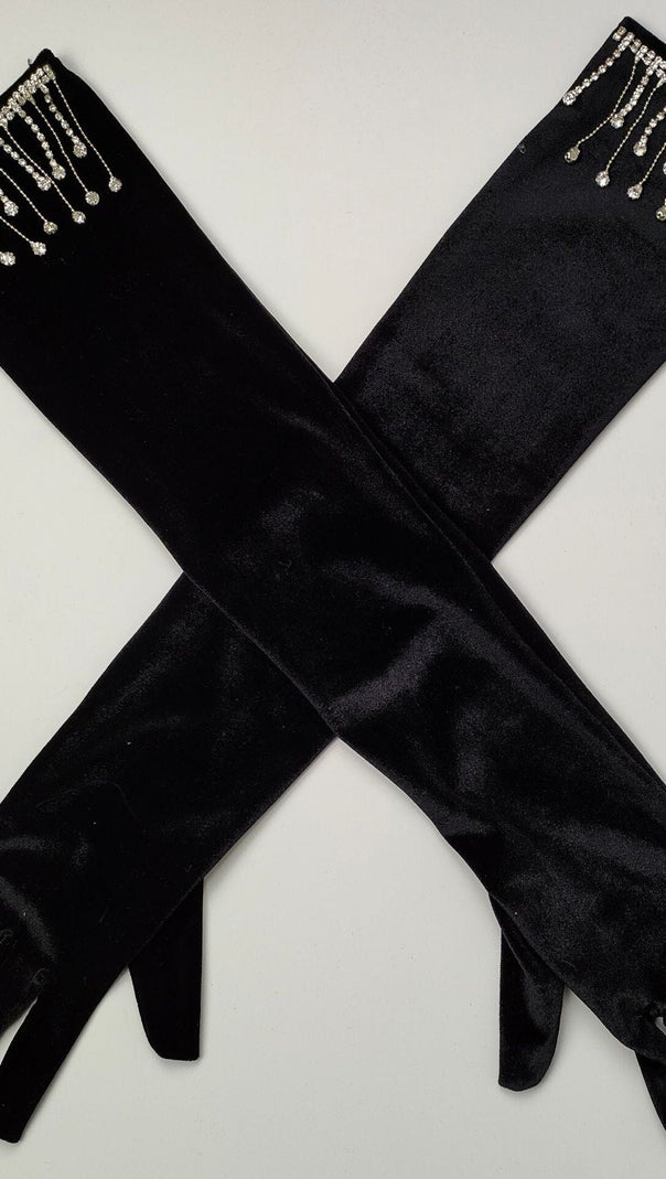 AIIZIE VELVET RHINESTONES LONG GLOVES WITH FRINGE - product image
