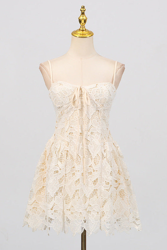 LACE HOLLOW SLEEVELESS MINI DRESS IN YELLOW