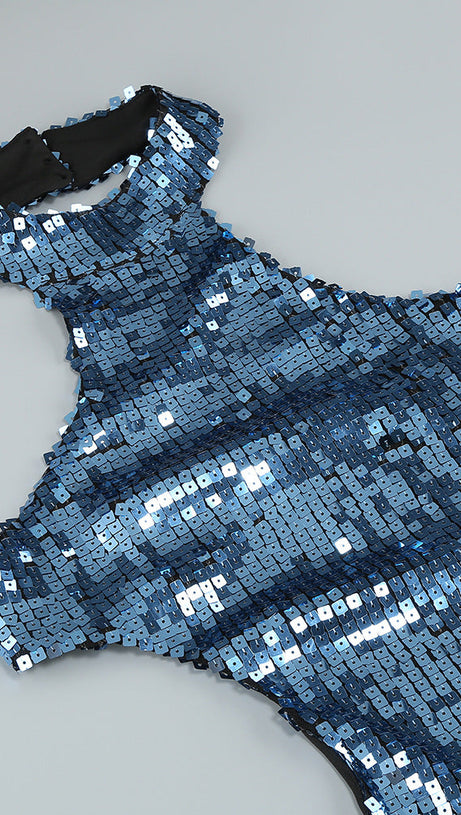 SHARON SEQUIN HALTER MAXI DRESS IN CERULEAN BLUE