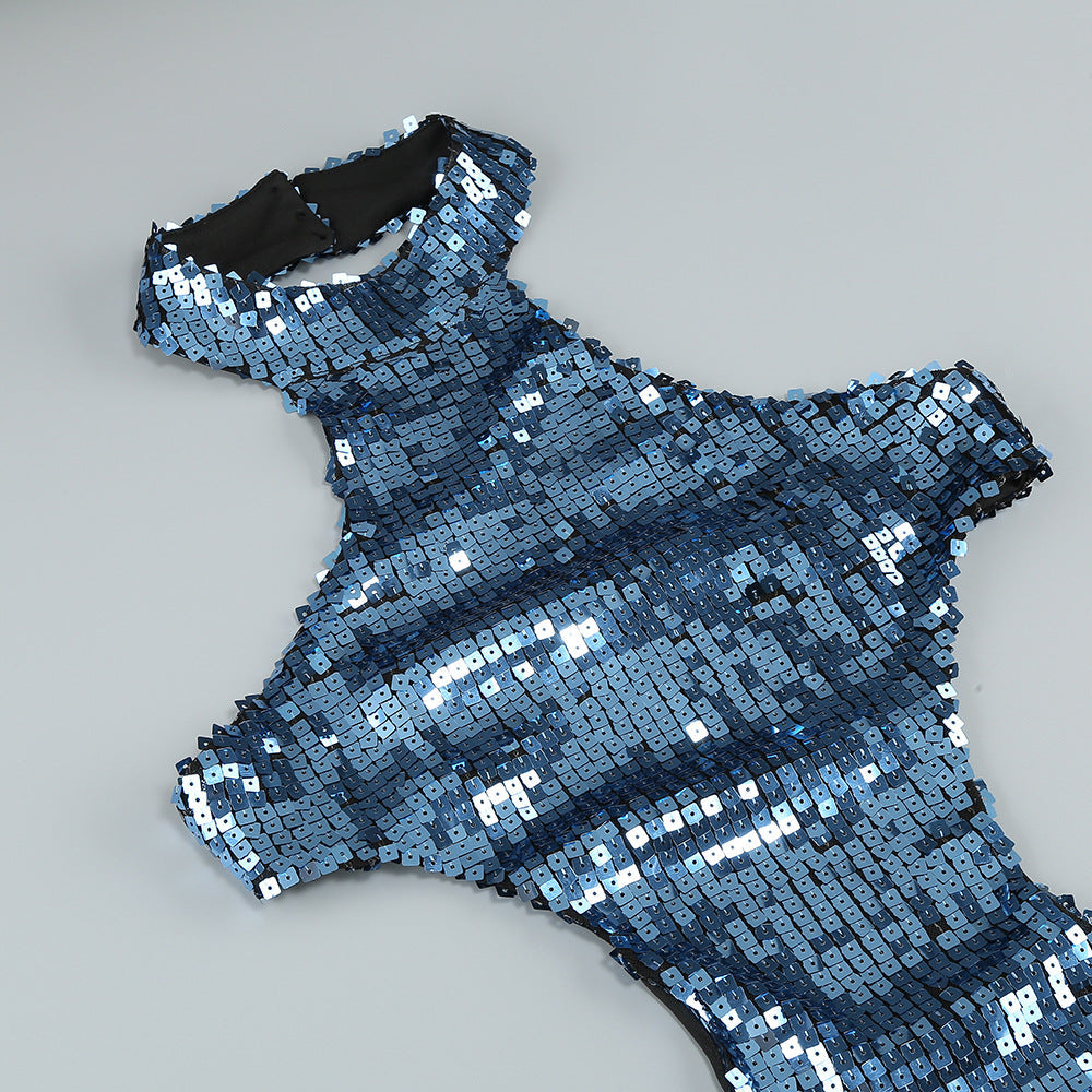 AIIZIE SHARON SEQUIN HALTER MAXI DRESS IN CERULEAN BLUE - product image