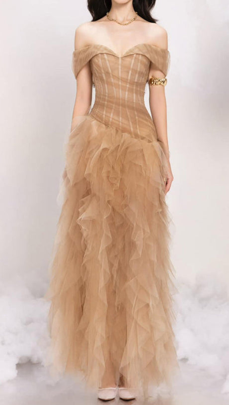 TULLE TUBE TOP WITH RIPPLING PATTERNMAXI DRESS IN KHAKI