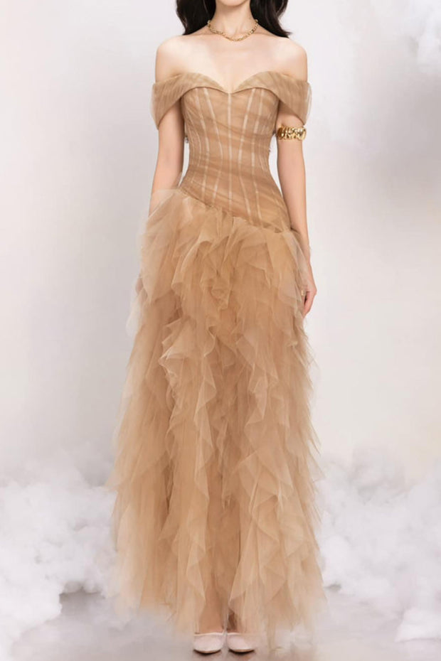 AIIZIE TULLE TUBE TOP WITH RIPPLING PATTERNMAXI DRESS IN KHAKI - product image