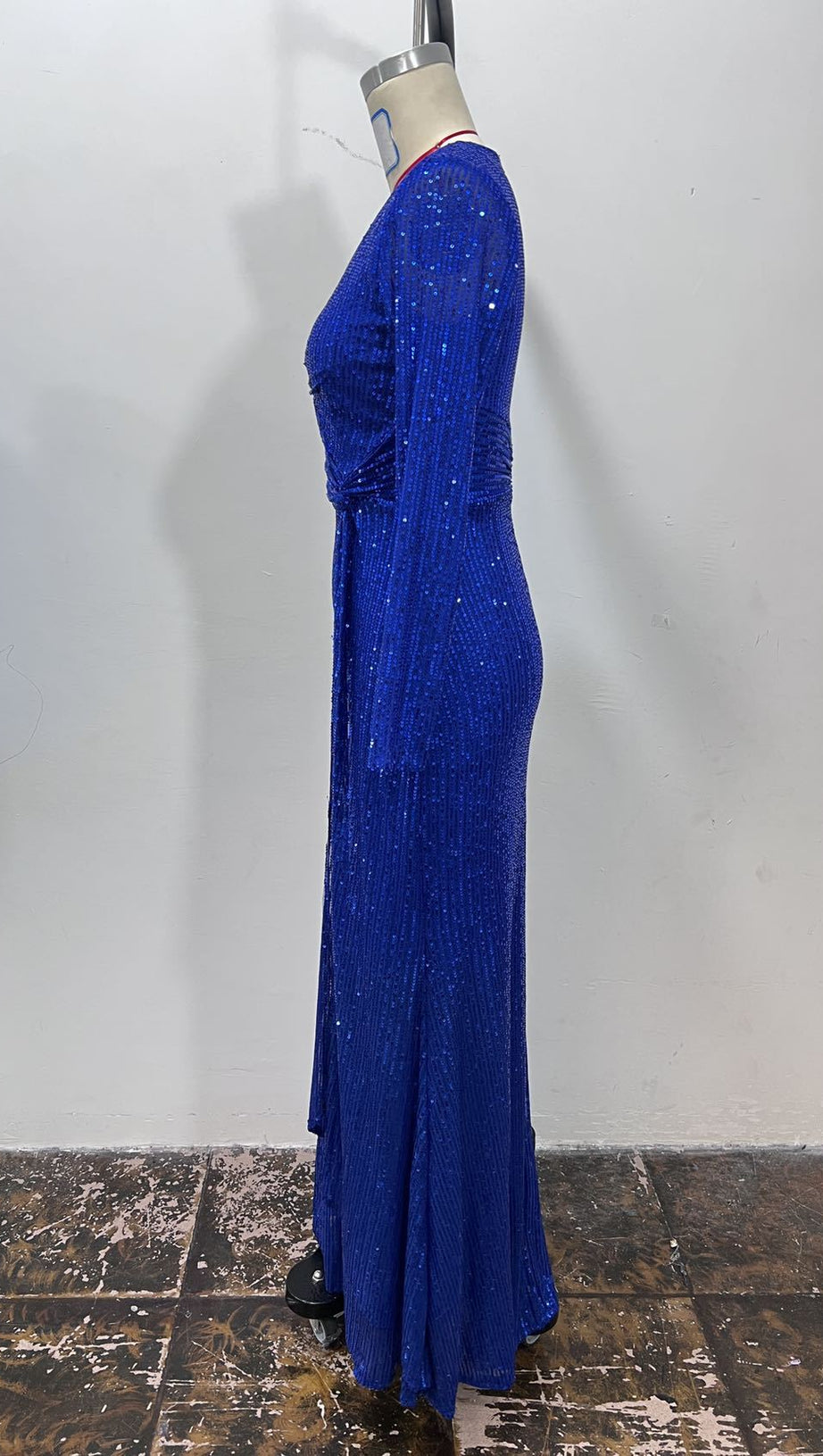 BLUE SEQUINNED LONG - SLEEVED V - NECK MAXI DRESS