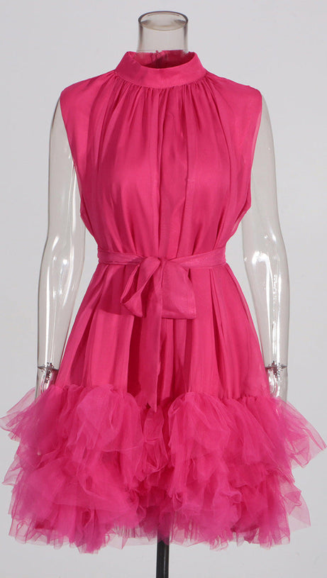 HALF-HIGH-NECKLINE TULLE MINI DRESS IN PINK
