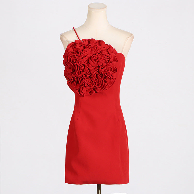 AMITY ONE-SHOULDER MINIKLEID MIT BLUMENAPPLIKATIONEN IN ROT