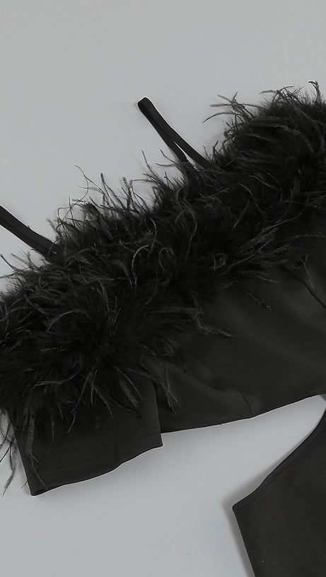 OFF-SHOULDER FEATHER PANEL BLACK DRESS