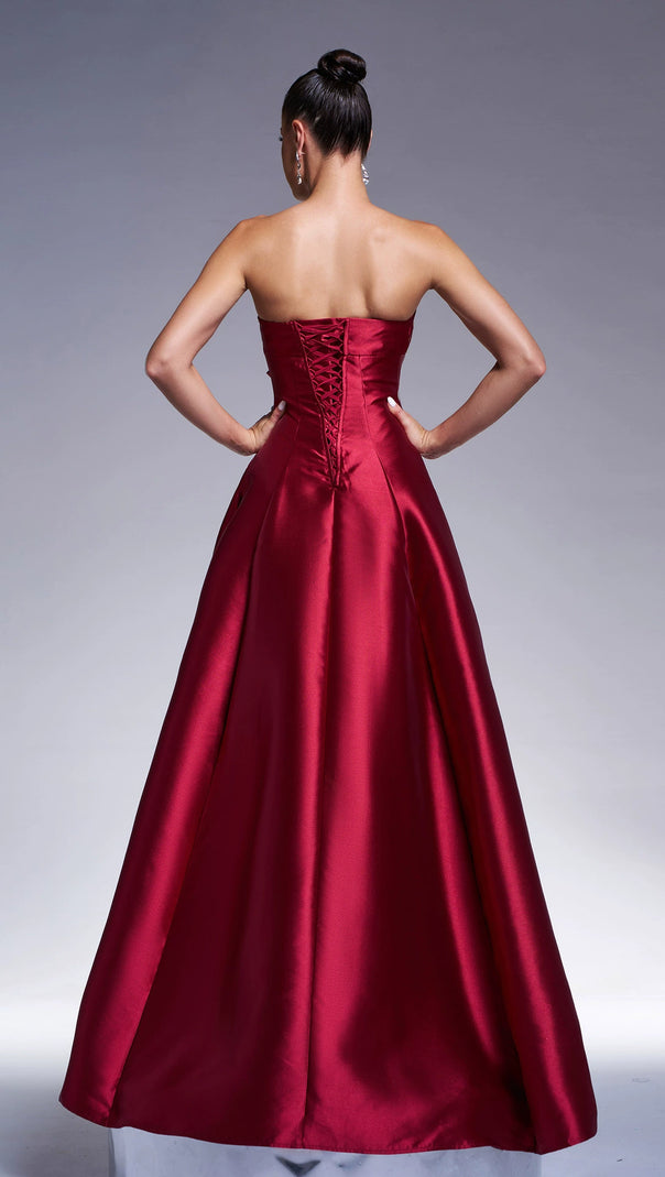 AIIZIE BOW SATIN MAXI DRESS IN BURGUNDY - product image