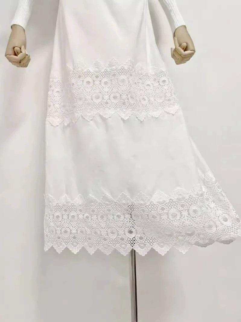 AIIZIE HAZEL WHITE EMBROIDERED ROUND NECK PUFF SLEEVE MIDI DRESS - product image