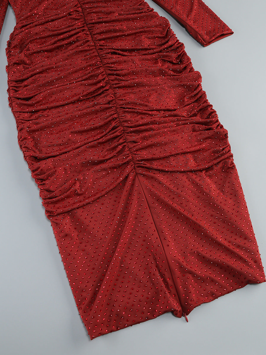 DIAMOND EMBELLISHED PLEATED MIDI DRESS IN MERLOT