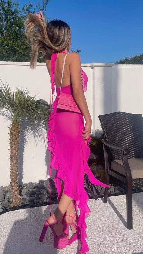 ROSE RED RUFFLED HALTER NECK MINI DRESS