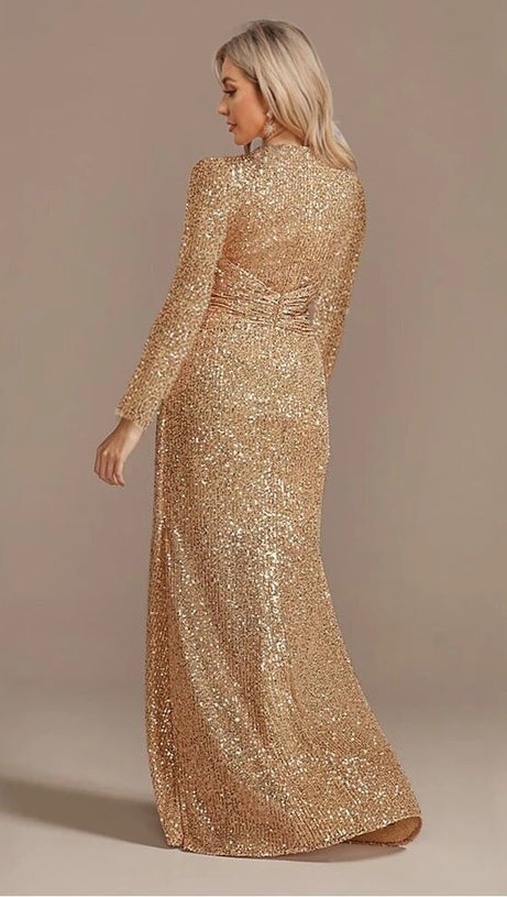 CHAMPAGEN SEQUINNED LONG - SLEEVED V - NECK MAXI DRESS