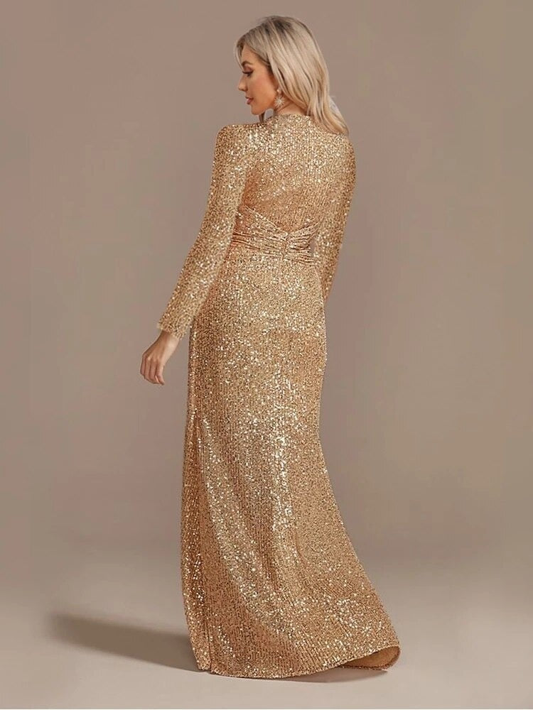 CHAMPAGEN SEQUINNED LONG - SLEEVED V - NECK MAXI DRESS