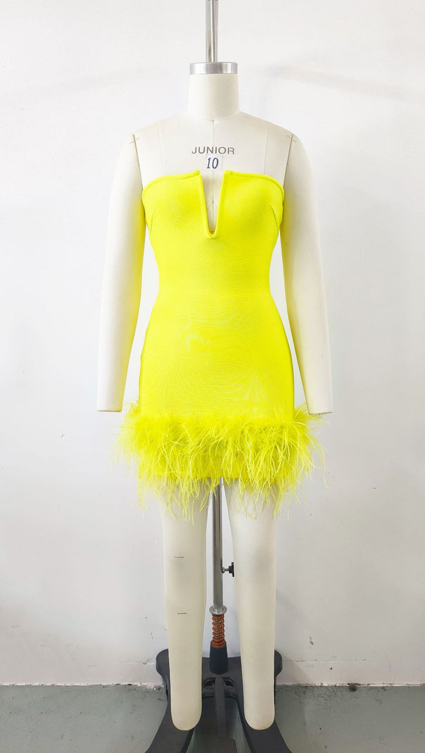 AIIZIE DEEP V TUBE TOP OSTRICH FEATHER HIP-WRAPPED MINI DRESS YELLOW - product image