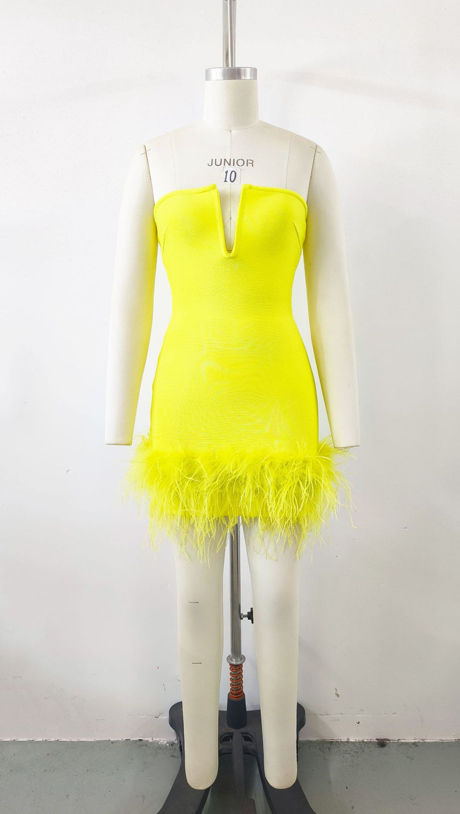 DEEP V TUBE TOP OSTRICH FEATHER HIP-WRAPPED MINI DRESS YELLOW